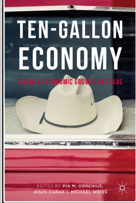 book cover titled "Ten-Gallon Economy" and a subtitle "Sizing up economic growth in Texas". Image is a cowboy hat sitting on a bench